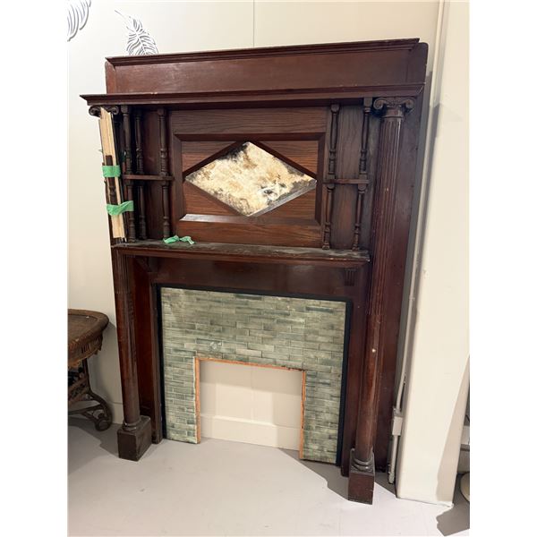 Antique Wood Fireplace Mantel w/ Decorative Columns & Tile Surround Insert