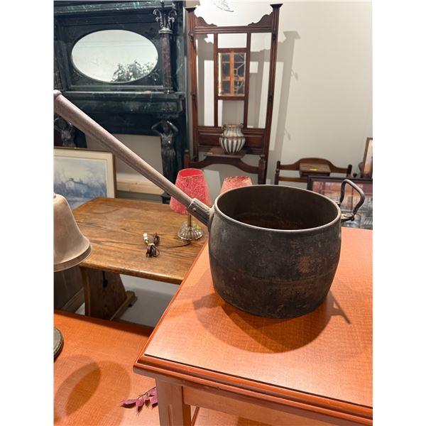 Antique Cast Iron Cooking Pot (7" deep x 11" diameter with 15" handle)