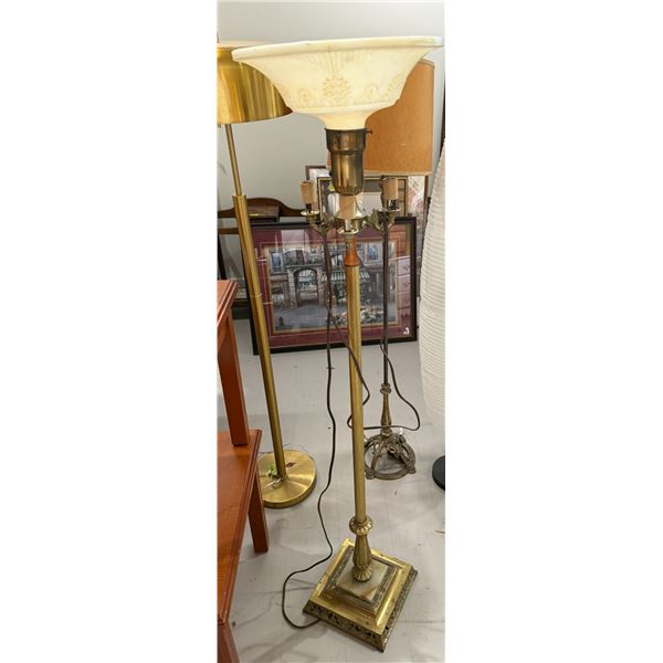 Antique Brass & Marble Torchier Floor Lamp with Glass Shade (shade may be a mismatch)