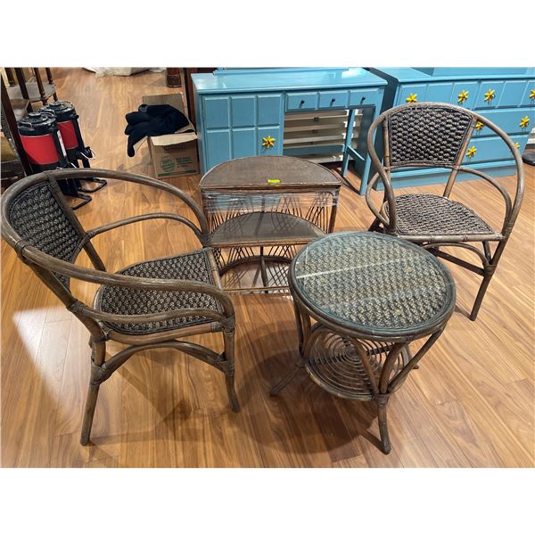 4 Piece Lot of Rattan Greenhouse Furniture (24" Glass Topped Table, 2 chairs and a half-moon shelf)