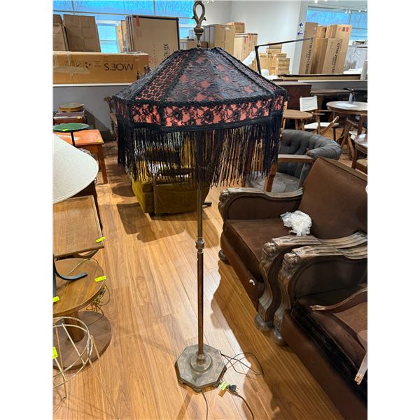 Vintage Brass Floor Lamp with Fringed Replacement Shade