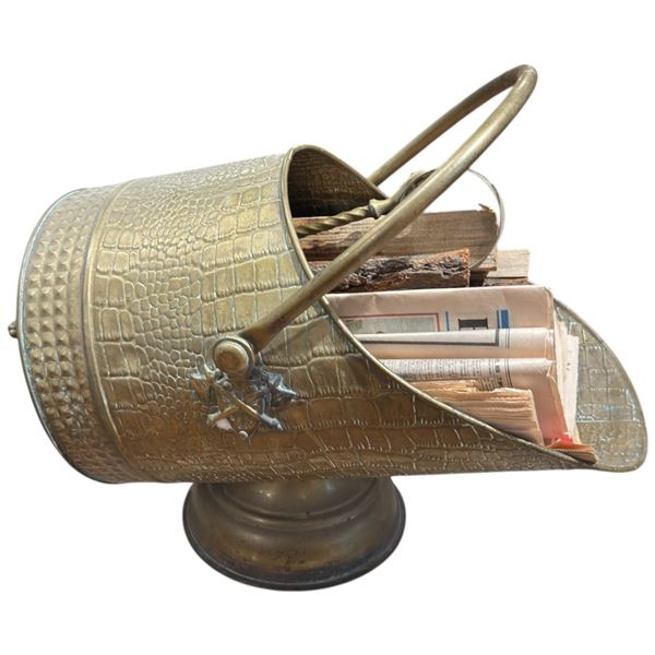 Brass Coal Scuttle with Tongs and Kindling