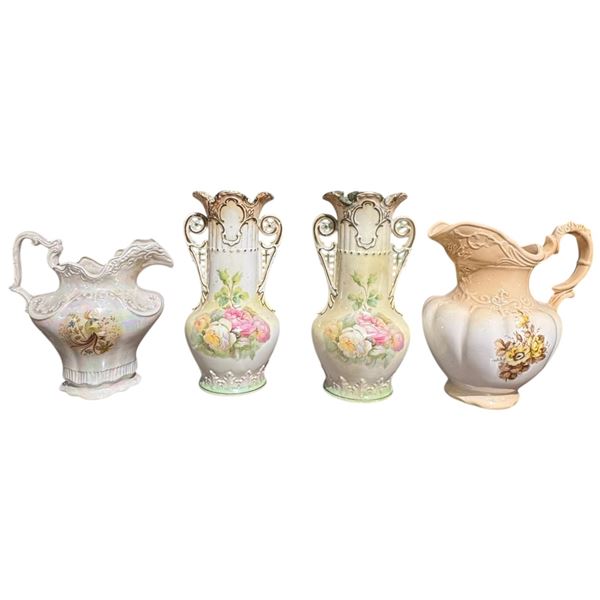 2 Large Ceramic Water Pitchers and 2 Vintage Transferware Vases (Vases have damage)