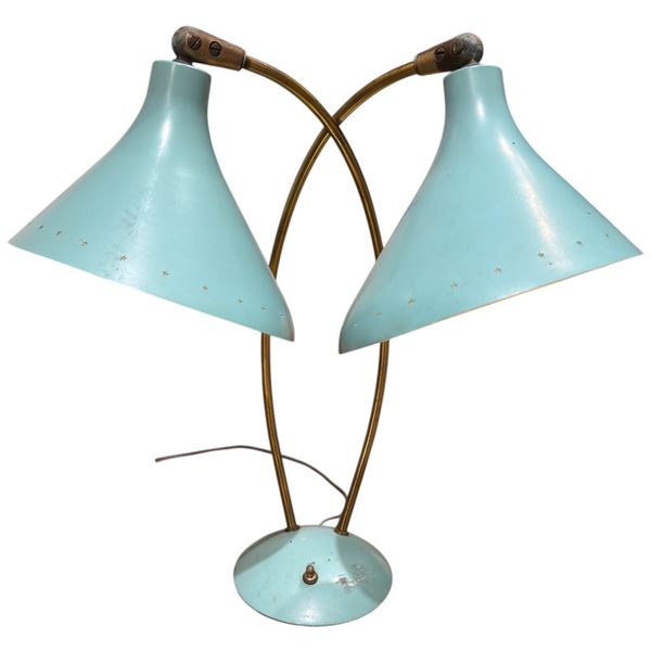 1950s Turquoise Double Shade Metal Table Lamp with Pierced Edge Shades (plug has been  cut off)