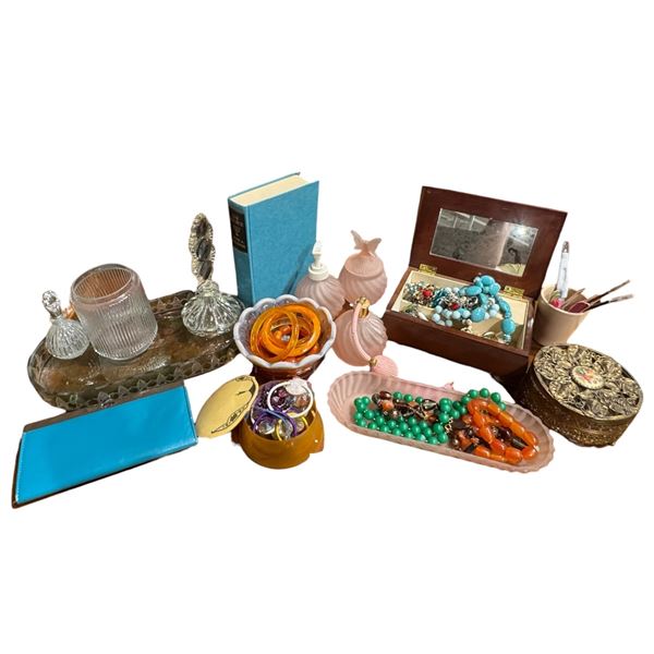 Group of Dresser Top Items (Book, jewelry, wallet, manicure tools, glass tray and more)