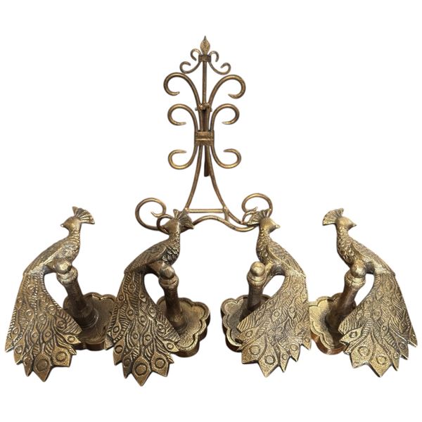 4 Brass Peacock Wall Hooks & 1 Picture Easel