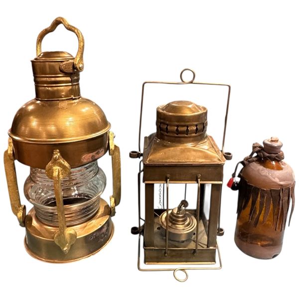 Amber Glass Bottle and 2 Brass Lanterns