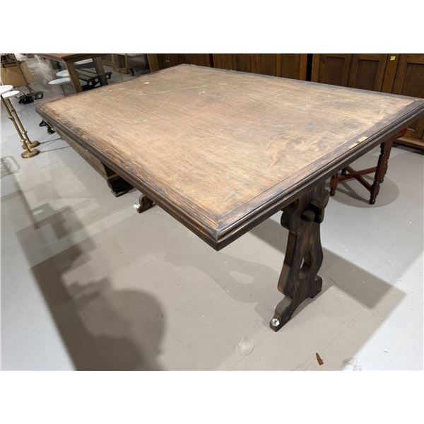 Oak Framed Trestle Work Table with Hole for Cables * Top has been  replaced  (Top of table measures: