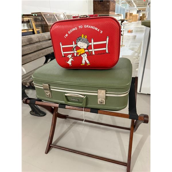 Suitcase Stand and 2 Vintage Suitcases