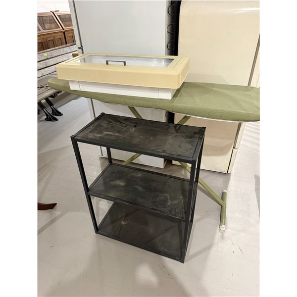 Ironing Board, Cabinet, and 3 Tier Black Metal Shelf (Shelf is: 12" x 24" x 30" tall)