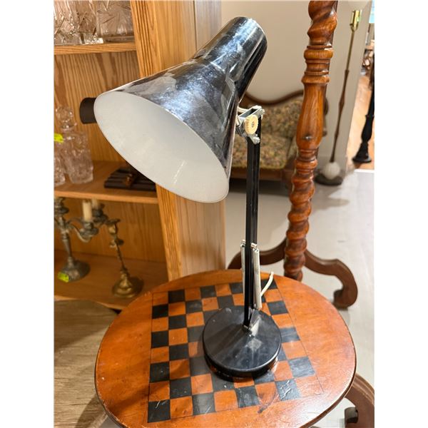 Vintage Wood Chess Table and Black Desk Lamp (Table is 16" x 20" x 27" tall)