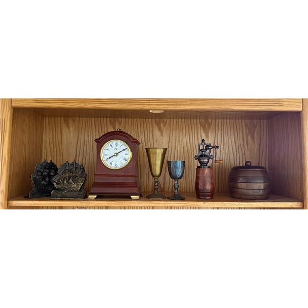 Group of : Mantle Clock, Goblets, Tobacco Jar, Grinder and Vintage Bookends