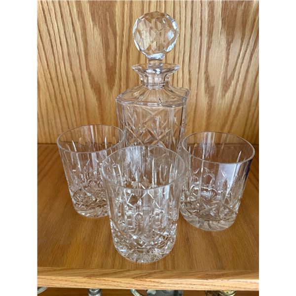 Crystal Whiskey Decanter with 3 Rock Glasses * Criss Cross Thumbprint Pattern (Decanter is 4" x 4" x