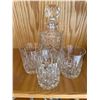 Image 1 : Crystal Whiskey Decanter with 3 Rock Glasses * Criss Cross Thumbprint Pattern (Decanter is 4" x 4" x