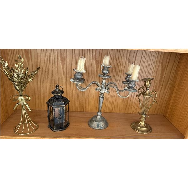Group of: Candelabra, 2 Candle Holders and a Metal Hurricane Lantern
