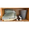 Image 1 : Shelf Lot of Coverlet, Blanket, New Household Extension Cords & 2 Trash Bins