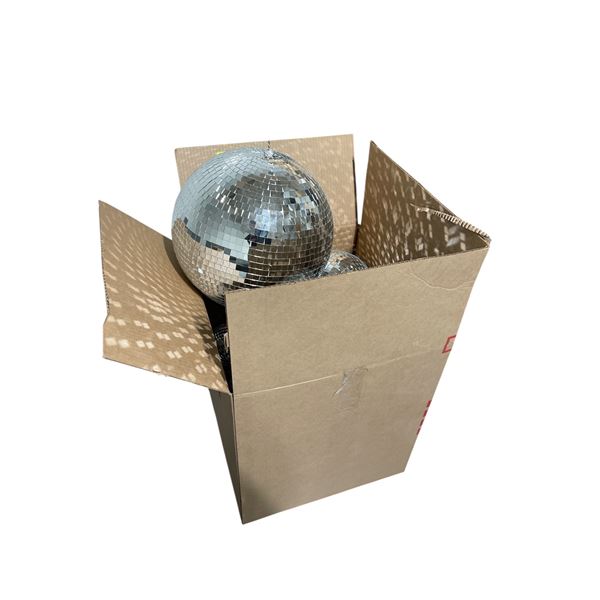 Box of Assorted Mirrored Disco Balls (smallest is 7" diameter and largest is 16" diameter )