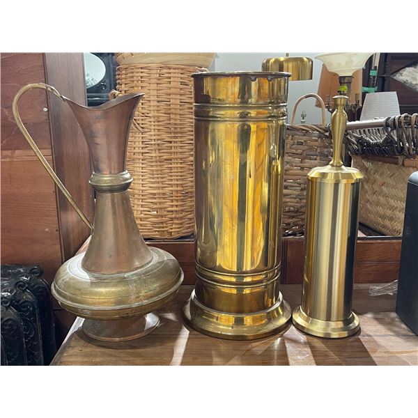 Brass Plated Toilet Brush Set, Brass Umbrella Stand, and Large Brass Pitcher