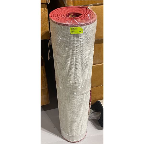 Low Pile Red Patterned Carpet Rummer * Approximately 3' x 10' * One end has been cut