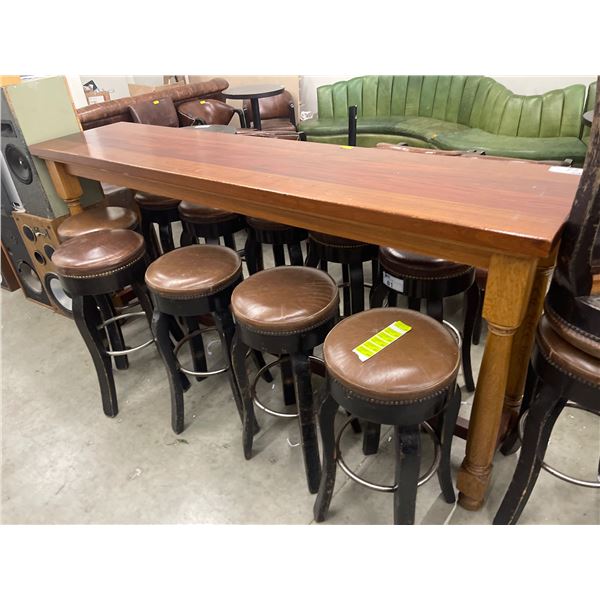 Solid Wood Pub Height Table * Varnished Wood Top and Turned Wood Legs (21" D x 92" W x 42" H)