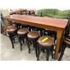 Image 1 : Solid Wood Pub Height Table * Varnished Wood Top and Turned Wood Legs (21" D x 92" W x 42" H)