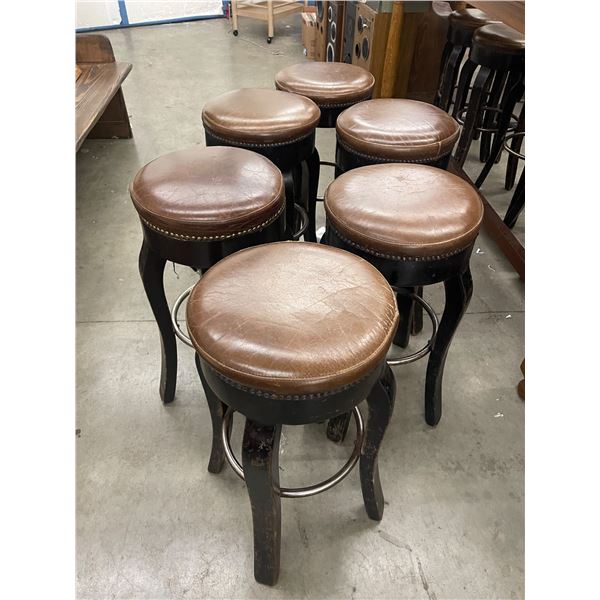 Set of 6 Vintage 29" Pub Stools with Brown Leather Tops and Nail Head Detail - Very Sturdy Wood Legs
