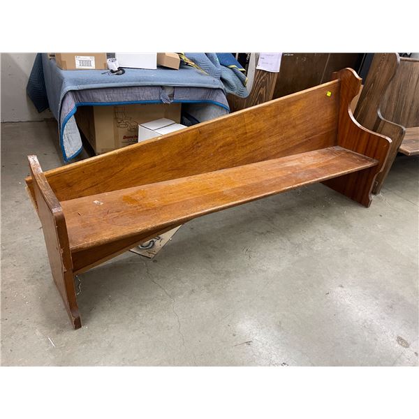 Vintage Wood Church Pew with Carved Cross Detail on the Ends (89" long x 35" tall at the sides) Need