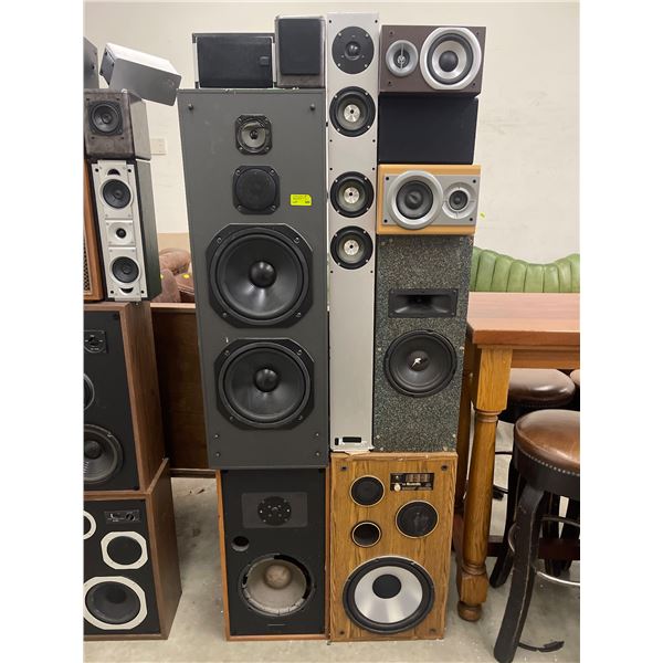 Tower of 10 Assorted Speakers Bolted Together