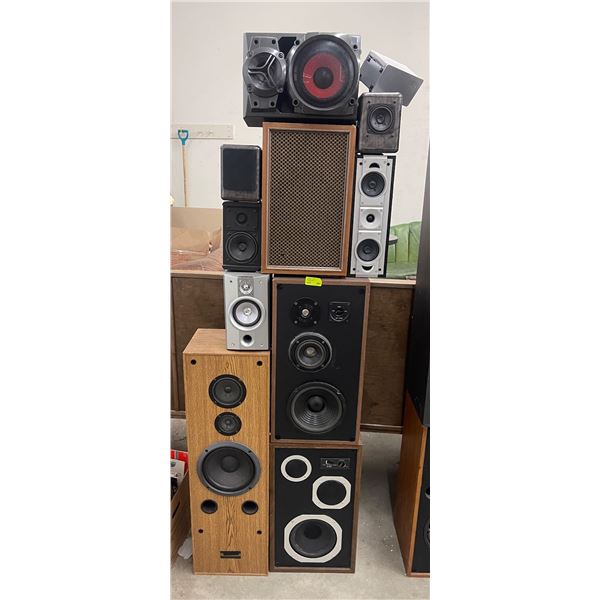 Tower of 11 Assorted Speakers Bolted Together