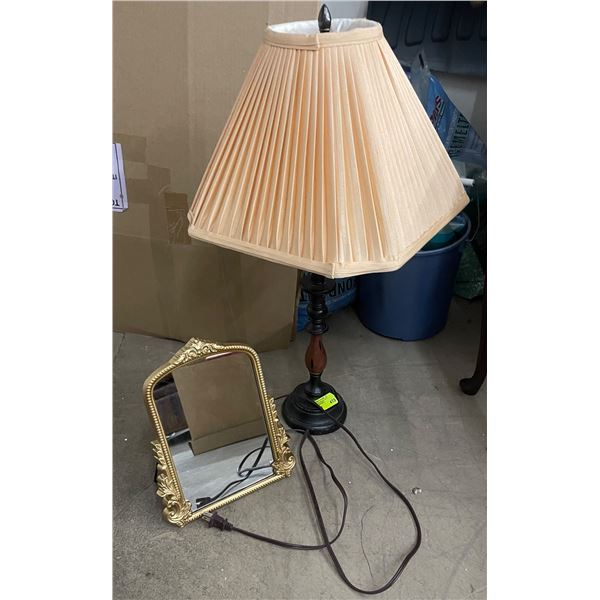 Table Lamp and Vintage Mirror with Easel Back (Mirror is 10" x 12")