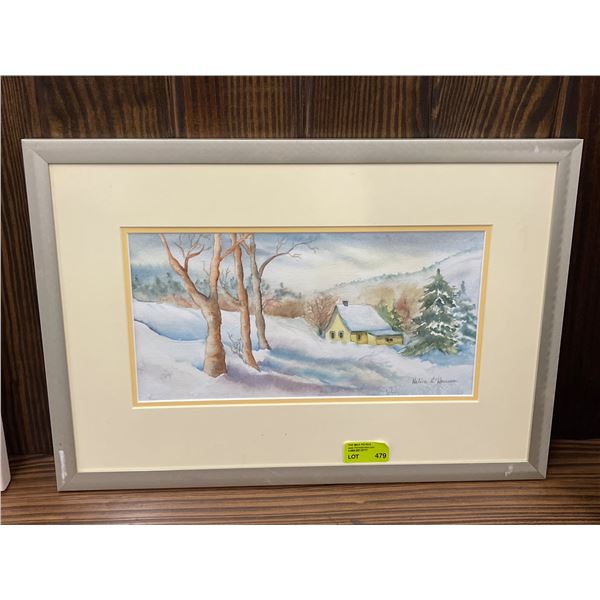 Signed Original Watercolour of a Winter Scene by  Helene L'Heureux (framed dimension:22" x 16")