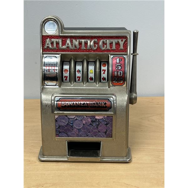 Vintage Atlantic City Slot Machine Coin Bank - Arm Pull Spins the dials. Approx: 8x7 & 11.5"T