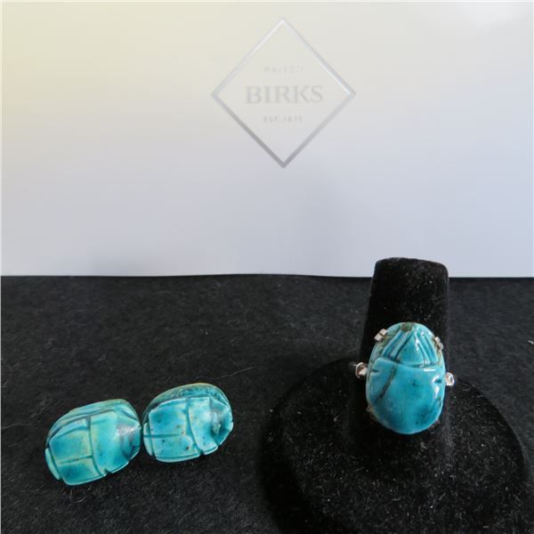 Stunning BIRKS 14K White gold Scarab ring with matching Scarab earrings