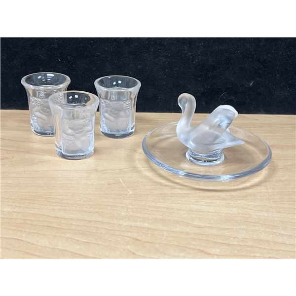4 Lalique France Glass pieces - 3 Shot Glasses & 4" swan trinket Dish