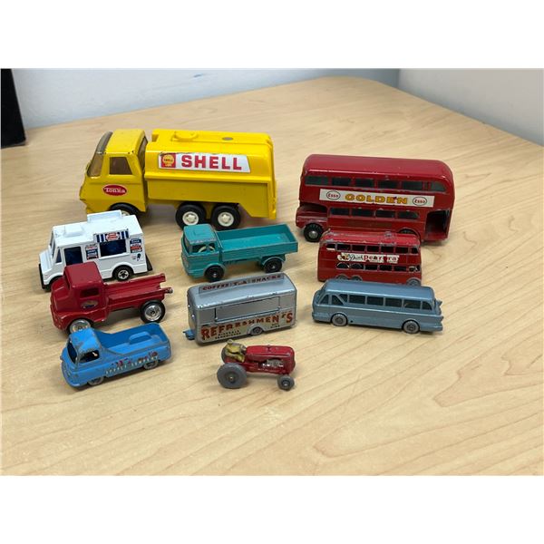 10 Vintage Diecast & Similar toys - mostly Lesney - Yellow tonka 5.5" (played condition)