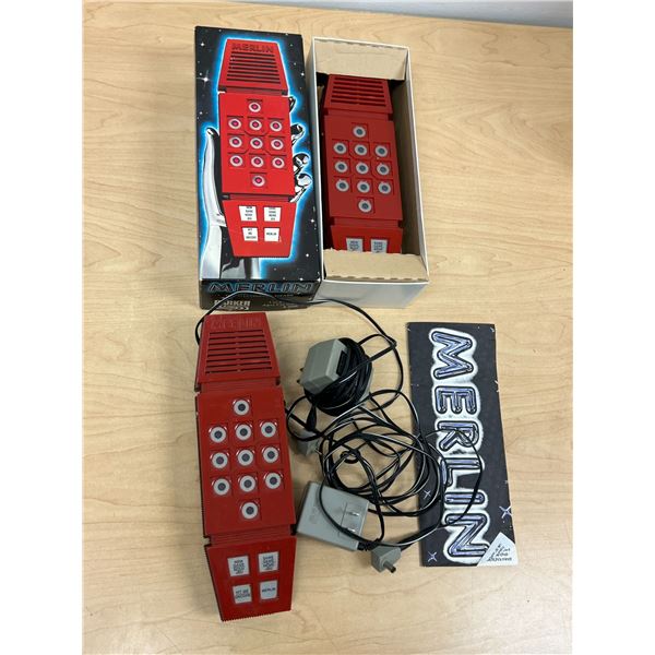 2 Merlin Electronic Wizard Games (one has damage) and 2 Adapters - not tested, see all photos