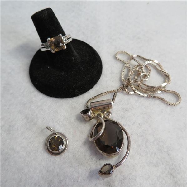 925 & Brown stone (Smokey Topaz??) jewellery lot - see description and photos