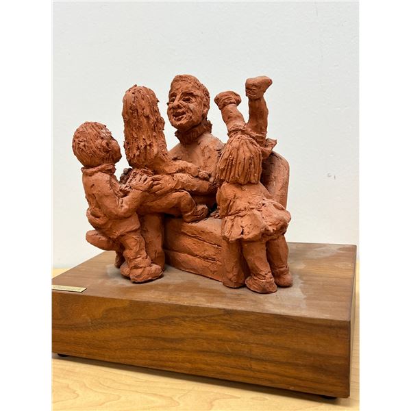 Edy Cherniack Terracotta Sculpture (Family Scene on Wooden Base) Base: 10x7" & 9.5"T