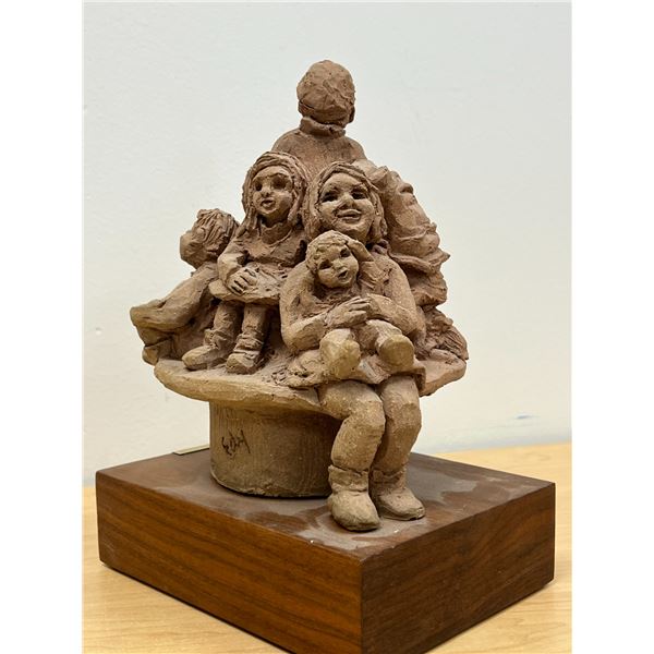 Edy Cherniack Terracotta Sculpture (Family Scene on Wooden Base) Base: 8x6" & 11"T