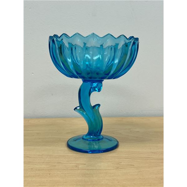 Vintage Aqua Blue Art Glass Pedestal / Candy Bowl - 7.5"T 6"W