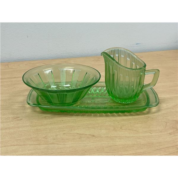 3 Pc Green Depression Glass - mixed lot - Kellogg's Bowl - Tray approx 9.5" (see photos)