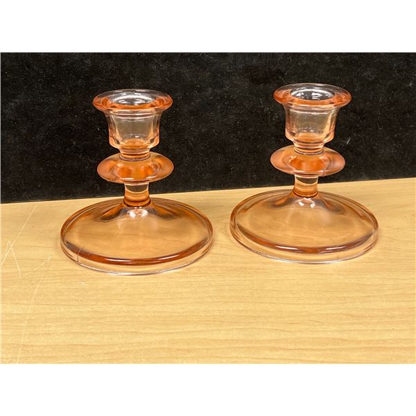 2 Pink Depression Glass Candle Holders 3.5"T