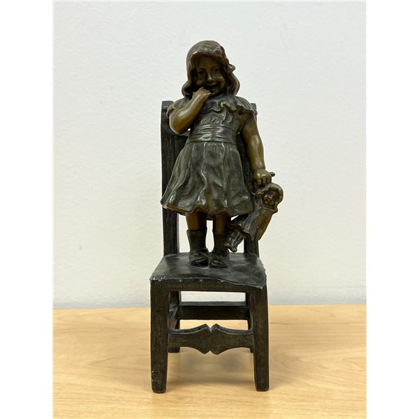 French Bronze (Paris, France) Girl on Chair Holding Doll 9.25"T