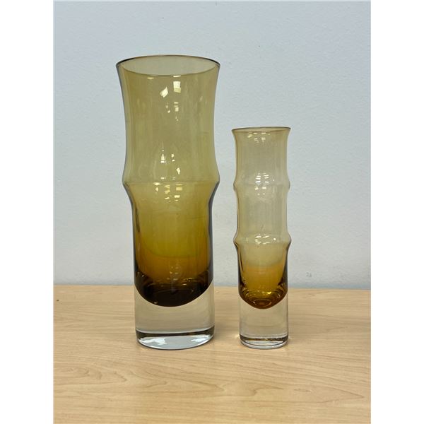 2 Vintage Yellow Bamboo Style Art Glass Vases - tallest 10"