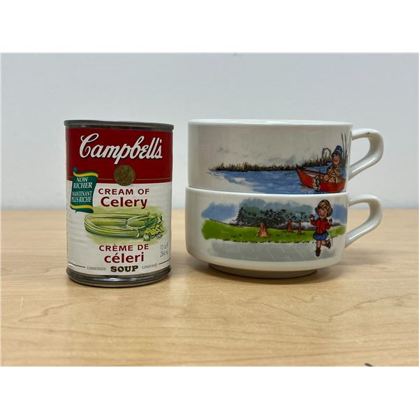 Vintage? 1999 Campbell's Cream of Celery Soup & 2 Handled Soup Bowls