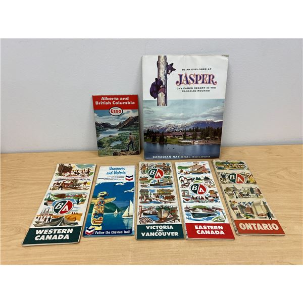 6 Vintage B/A & ESSO & Chevron Canadian Folding Travel Maps With Jasper Pamphlet
