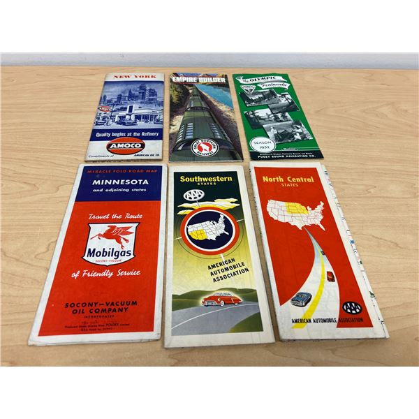 6 American Folding Travel Maps - Mobilgas / AAA / Great Northern Railway / Amoco etc
