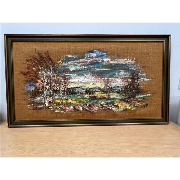 Original Mid Century Abstract Landscape on Burlap - Heavy Textures Larger 40.5x22.75"