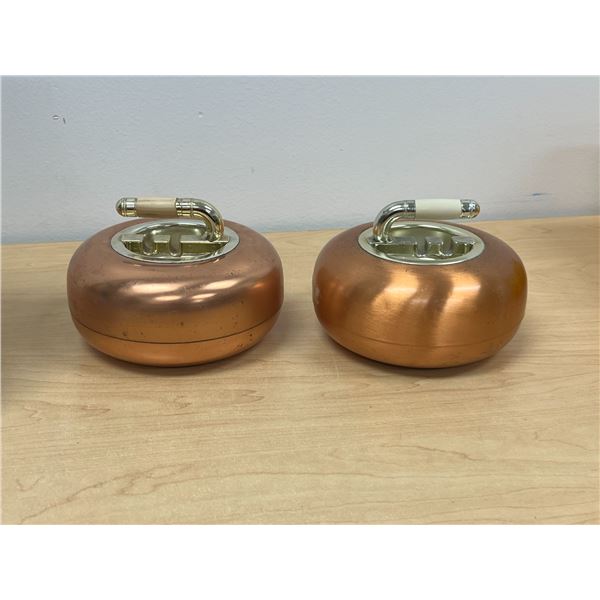 2 Vintage Copper (Canada) Curling Rock Ashtrays 6" - see all photos