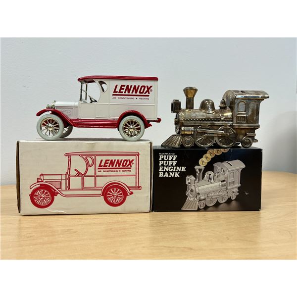 2 Metal Coin Banks - One Lennox Truck and one Train Engine - see all photos